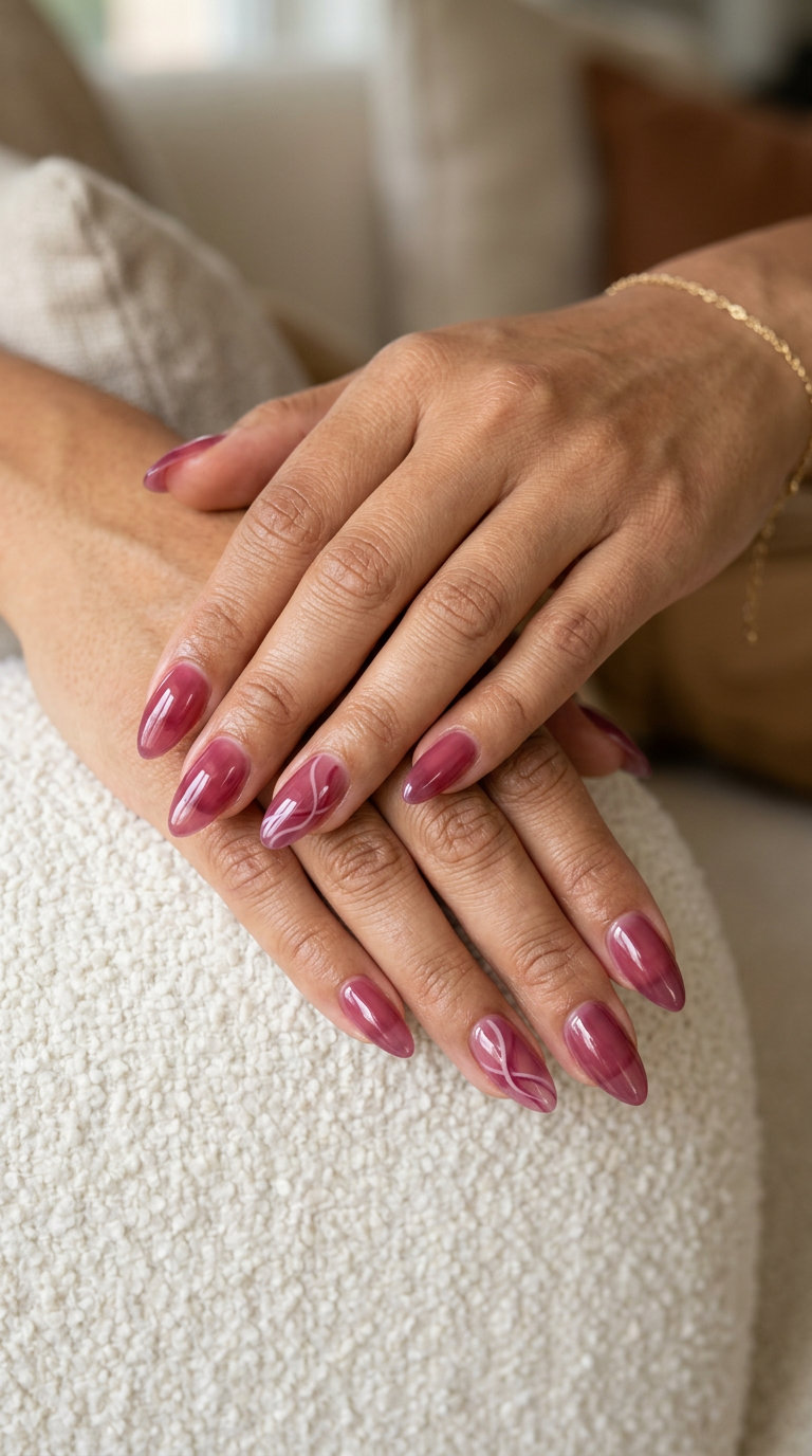 Sheer Berry Swirls Almond nails: translucent berry & white swirls. June nails color ideas - summer trends 2026.