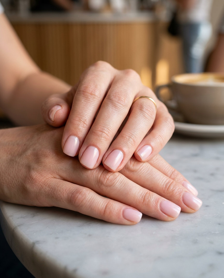 Translucent pink milky squoval nails, a natural June nail color idea for summer trends 2026.