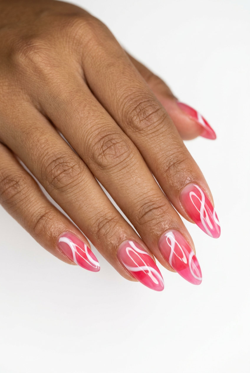 Watermelon pink jelly swirl nails, a fun June nail color idea for summer trends 2026. Perfect for festivals.
