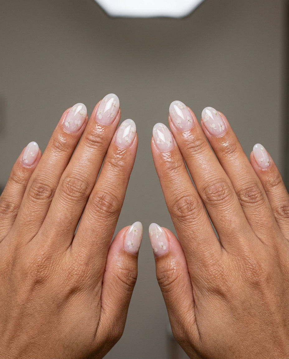Ethereal bridal milk bath oval nails with sheer milky nude and white floral elements.