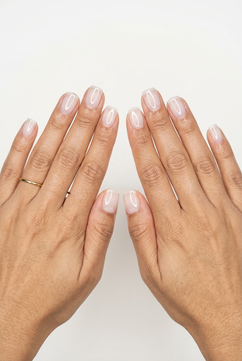 Clean minimalist summer ghost glass square nails with sheer white jelly finish.
