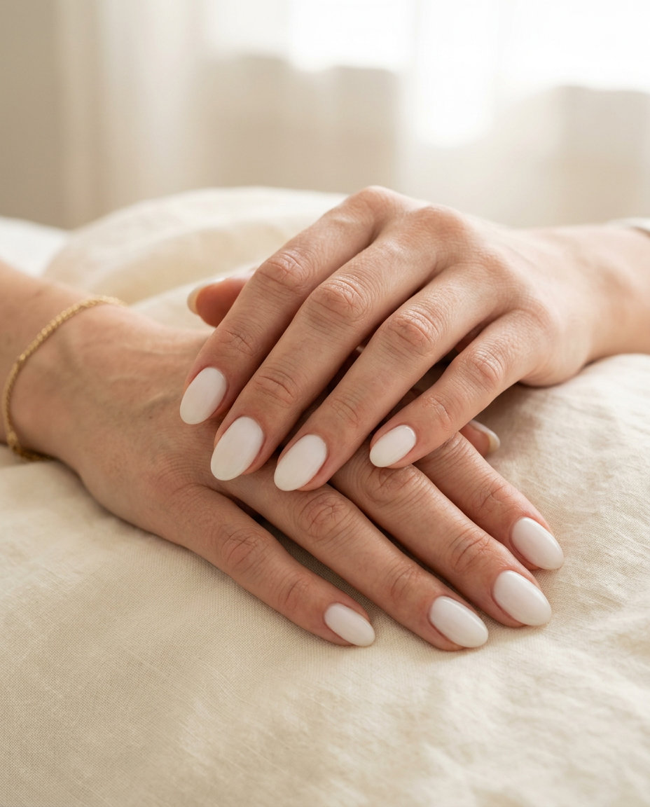 Clean girl aesthetic with opaque milky white builder gel overlay on short square nails.