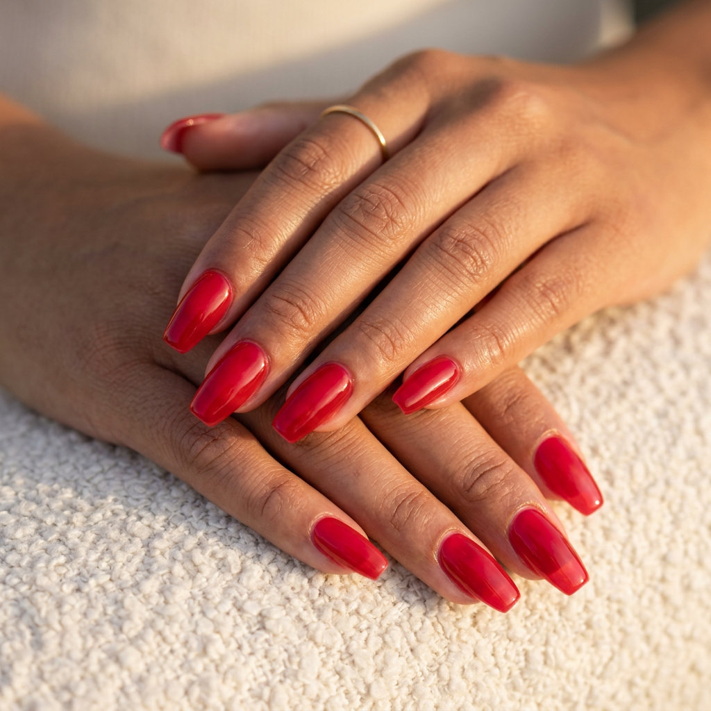 Glamorous summer strawberry red jelly glaze coffin nails for parties and dates.