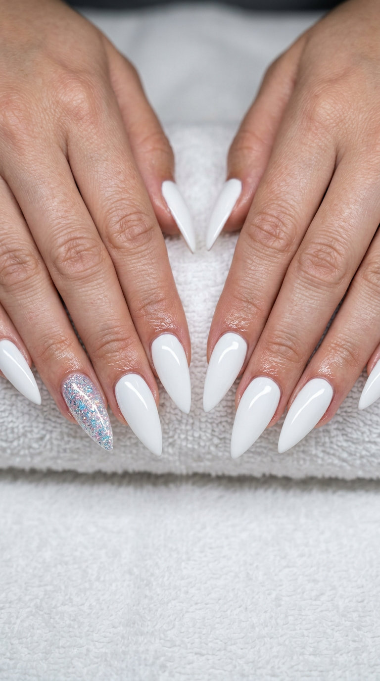 Glamorous summer sparkle stiletto nails with iridescent glitter for parties.