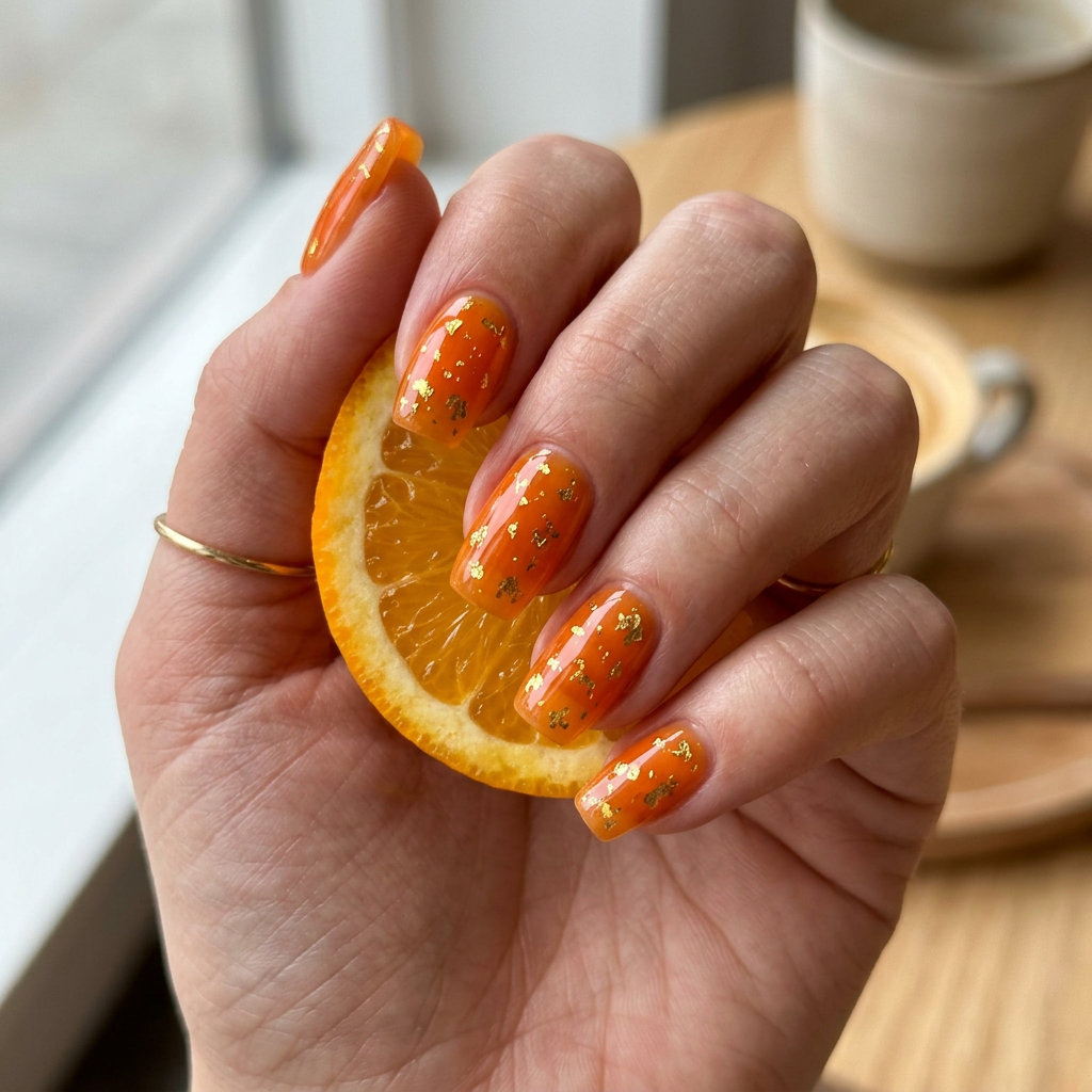 June nails ideas - Summer Trends 2026: Sun-Kissed Foil Orange Jelly nails perfect for vacation.