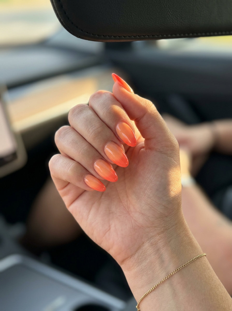 Bohemian sunset aura gradient coffin nails for summer vacation and festivals.