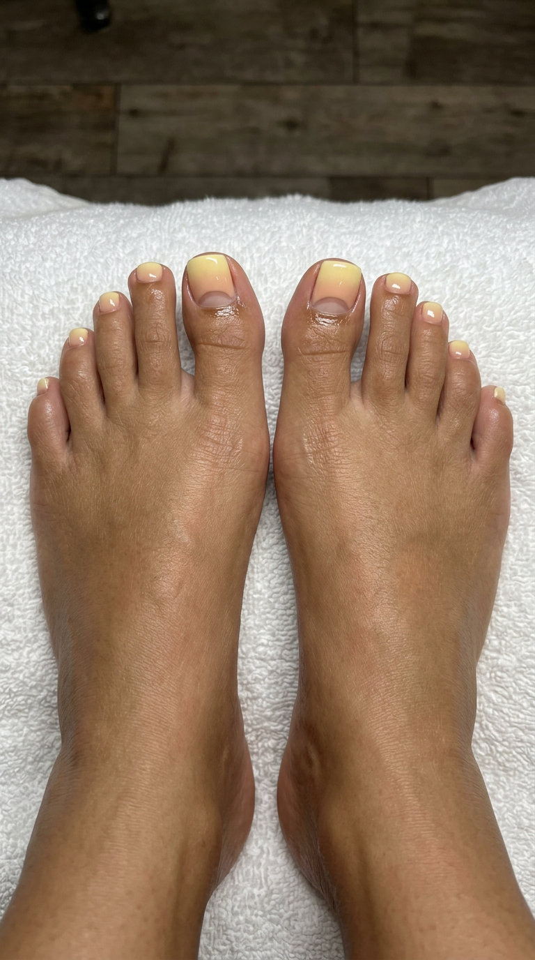 Butter yellow ombre sunset toenails, ideal for daily wear, bridal events, and summer outings. Best for summer 2026.