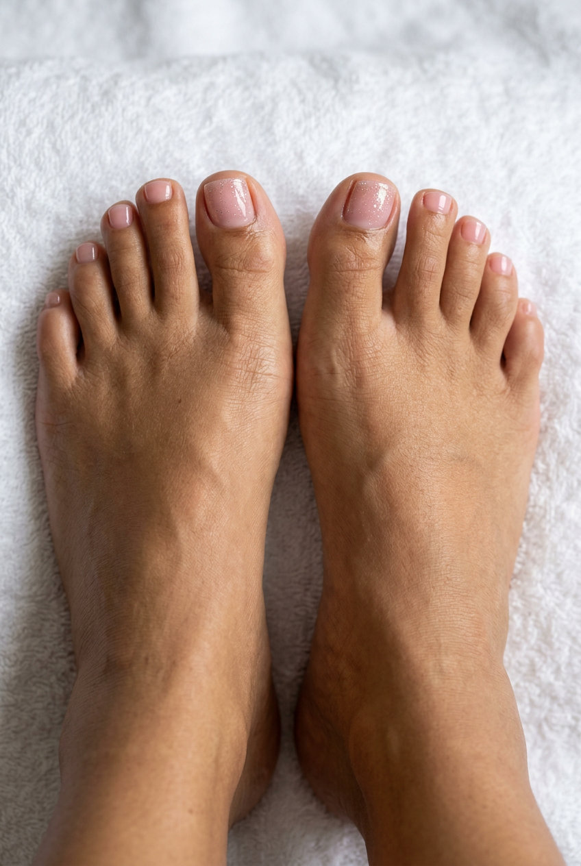Sheer pink jelly toenails with glitter accent, elegant for weddings, date nights, and everyday. Best for summer 2026.
