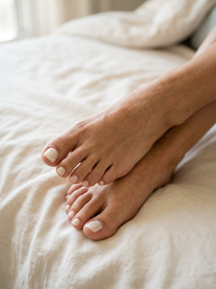 Milky white gold flake toenails for summer 2026. Elegant date night style.