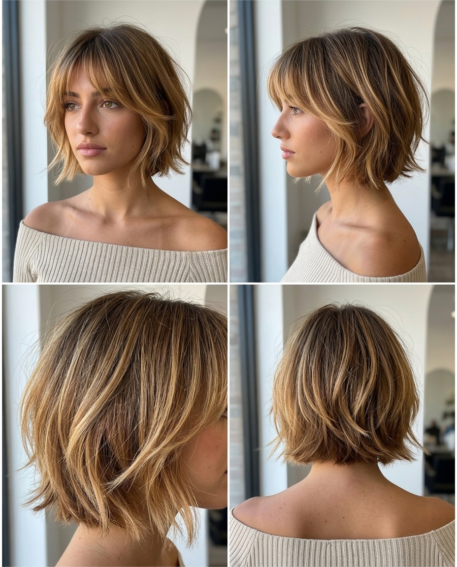 short shaglet haircut with natural light brown to golden blonde ombré, hand-painted balayage, brow-skimming fringe — playful weekend brunch