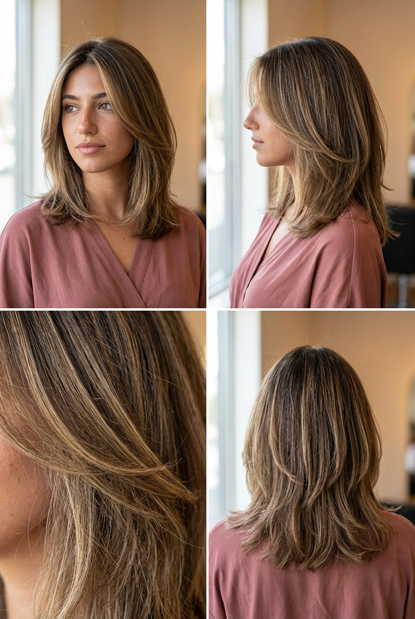 medium textured haircut in light brown with bronde highlights, diffused layers — soft natural