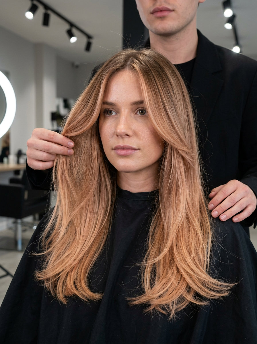 long light brown to strawberry blonde ombre with face-framing layers for brunch