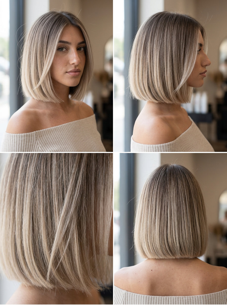 chin-length Italian bob haircut with linen blonde ombre, blunt perimeter — chic effortless style