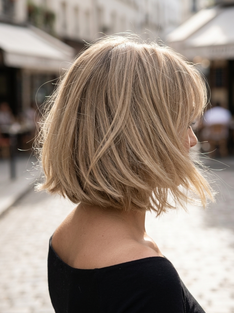 chin-length French bob haircut in neutral linen blonde with babylights and wispy curtain bangs for summer