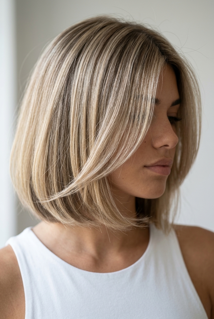 chin-length wavy bob haircut in linen blonde with ash brown lowlights and face-framing layers