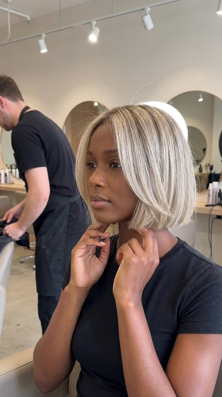 jaw-length micro bob in linen blonde with ash lowlights for summer