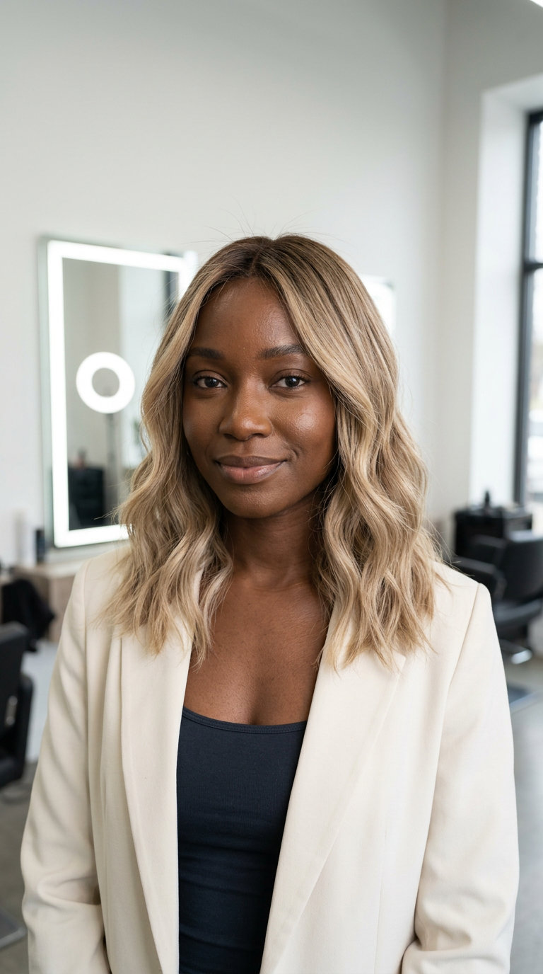 long sandy blonde balayage with neutral beige tones and dark vanilla root for daily wear