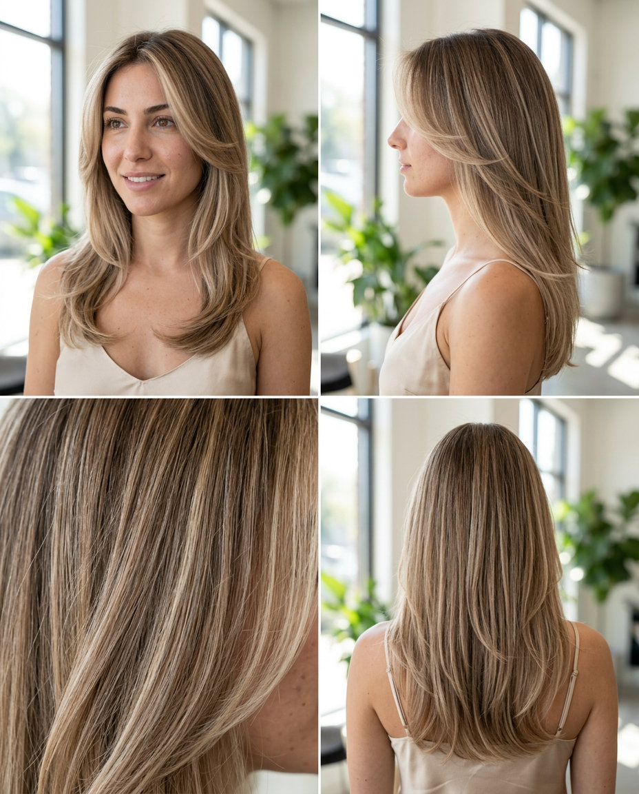 long linen blonde balayage with sandy brown base, soft curve layers, face-framing layers — effortless european summer