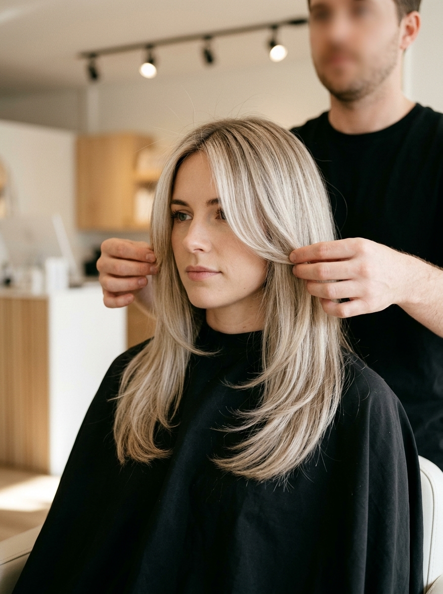 long haircut with cool linen blonde, beige ash tones, curtain bangs — chic romantic style