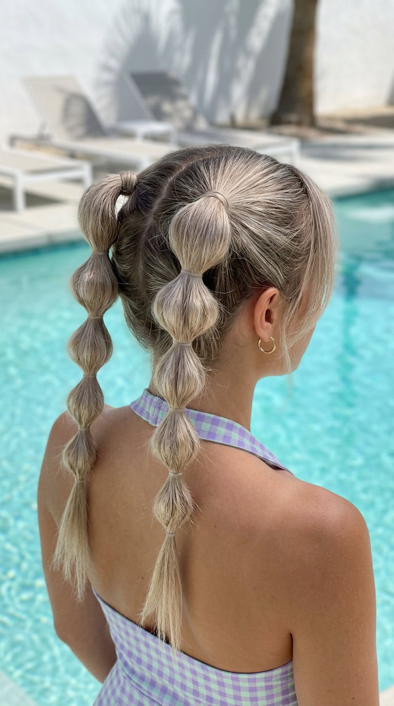 Linen Blonde Bubble Braids 2026 long cool linen blonde haircut with ash root smudge, soft layers for playful bubble braids