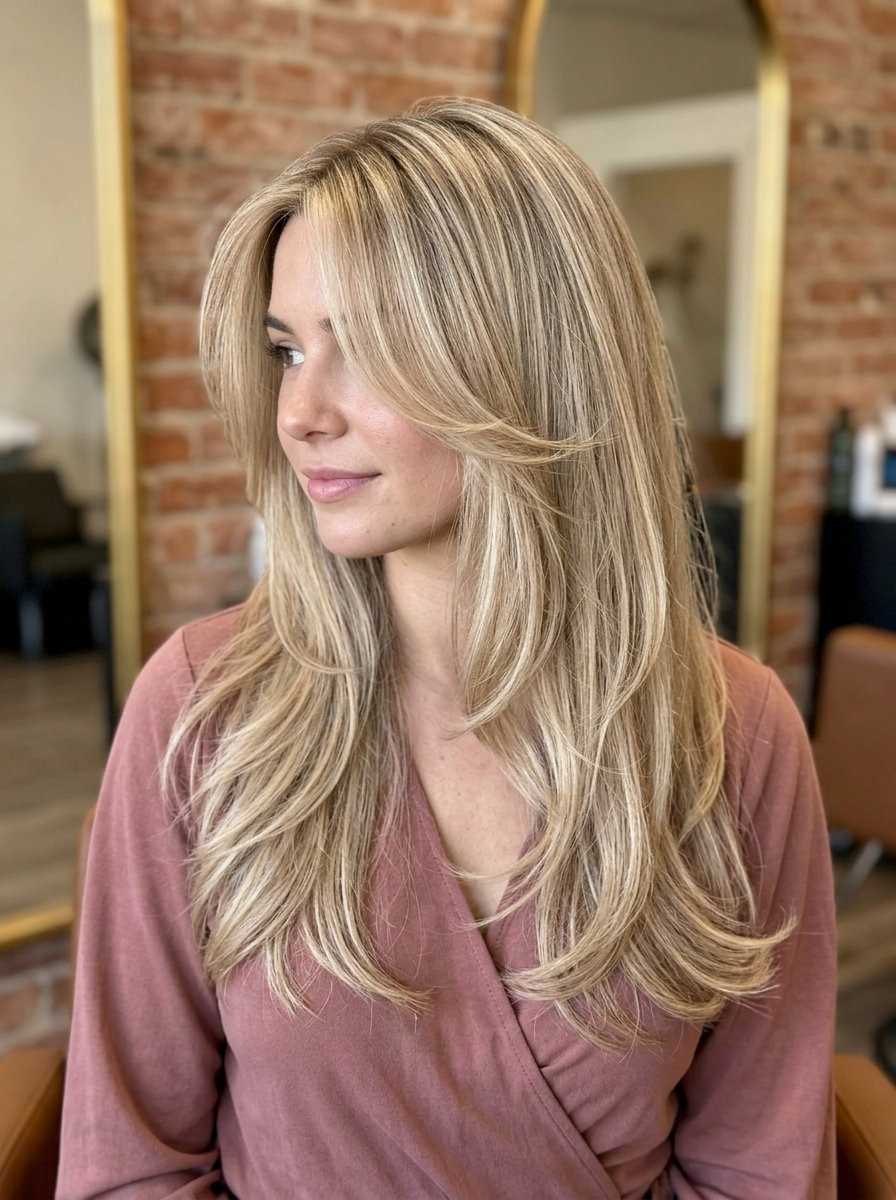 long neutral beige blonde with sandy lowlights, soft curve layers, face-framing layers — chic european summer vacation