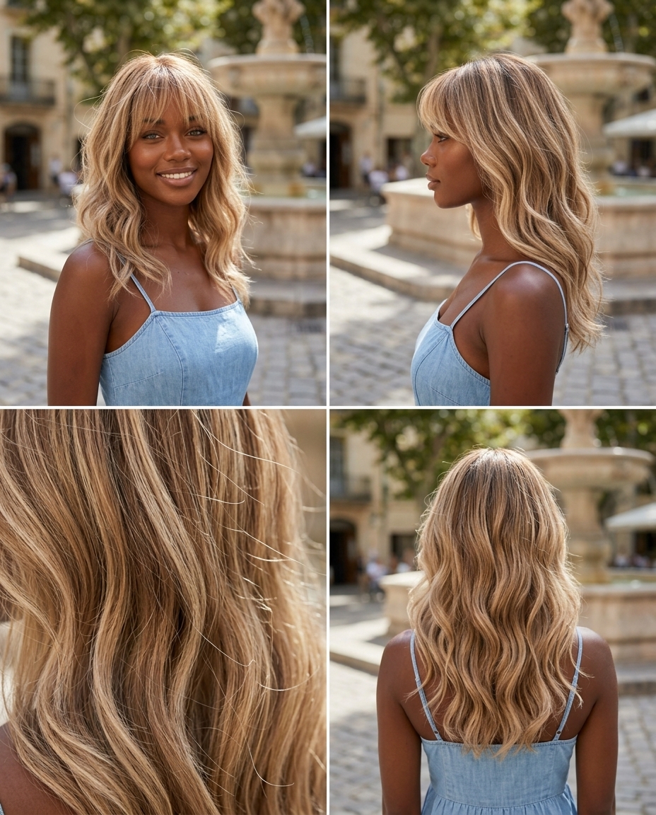 French Waves & Bangs: Summer 2026 Hairstyle long wavy French waves with linen blonde, wispy bangs, for casual date