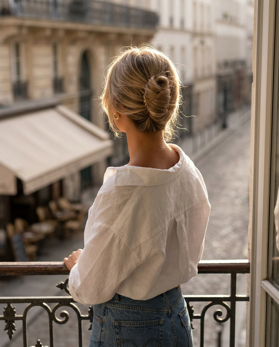 medium linen blonde French twist bun with curtain bangs and soft layers for brunch