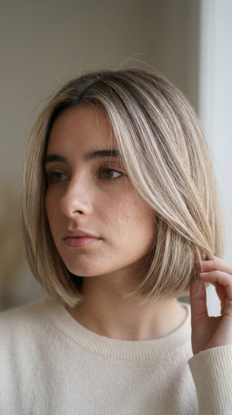 medium Italian bob dimensional summer blonde hair color 2026 with neutral beige blonde and taupe lowlights, air-touch balayage, blunt perimeter — minimalist and chic