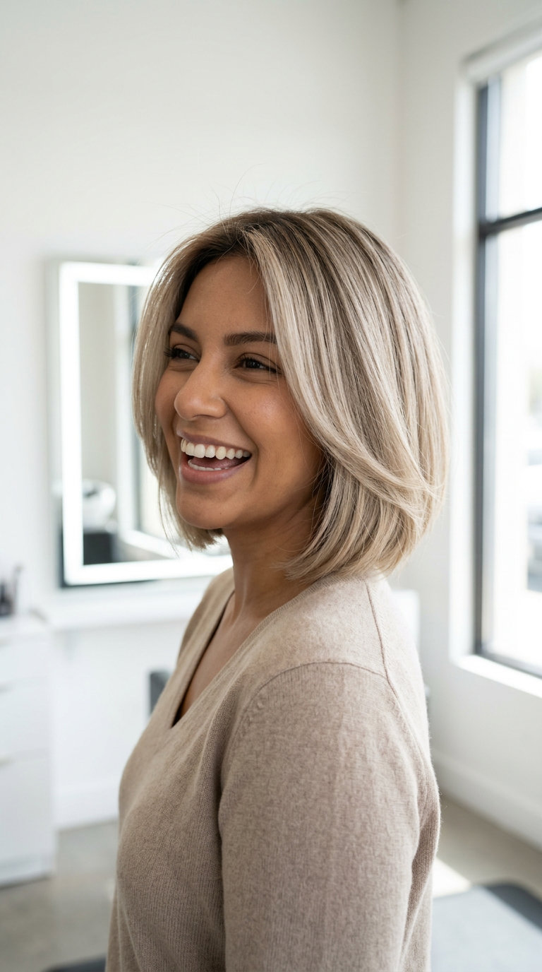 shoulder-length linen blonde bob with internal point-cut layers and clean side part for summer