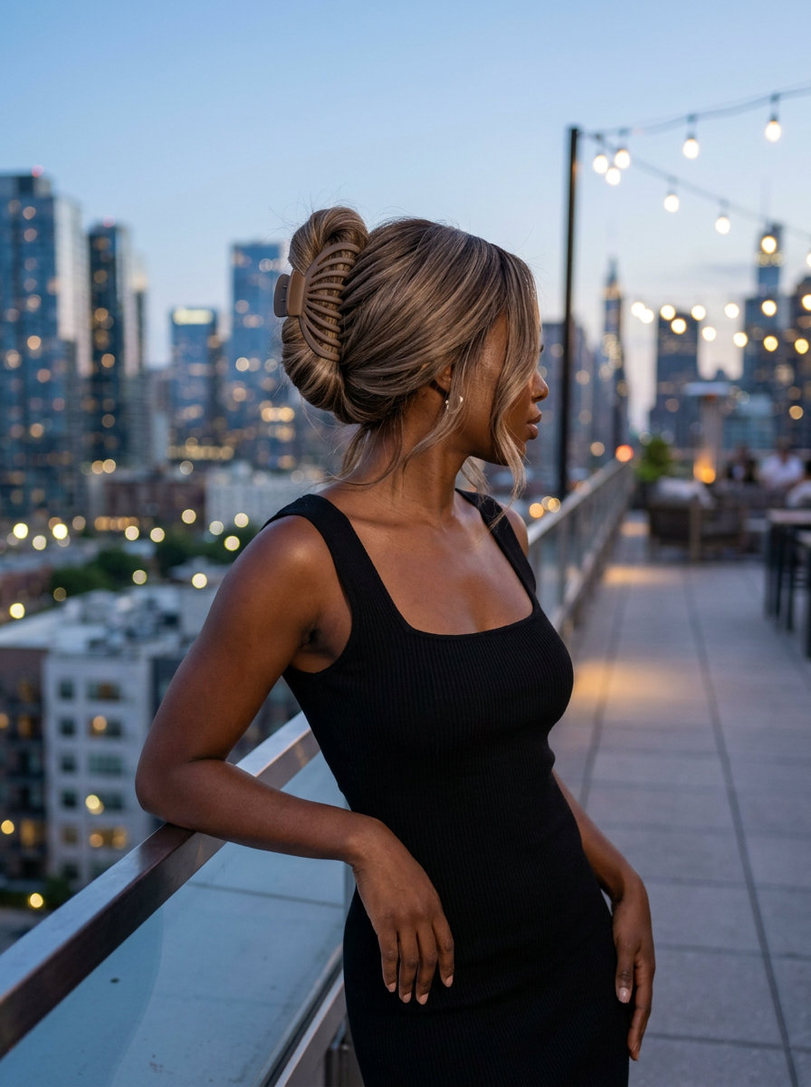 long claw clip updo with linen brown, textured layers — weekend brunch