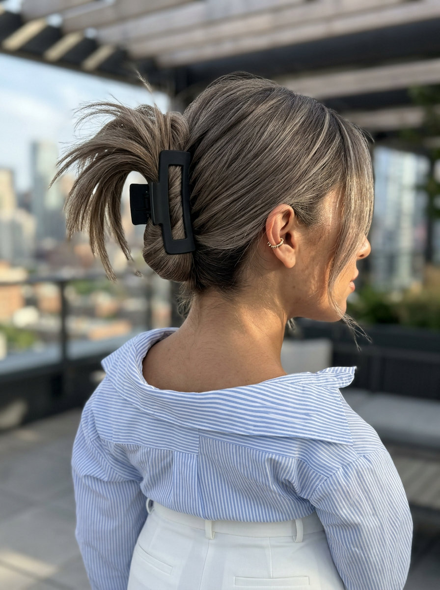 long cool linen brown updo with ash blonde babylights, minimalist and chic