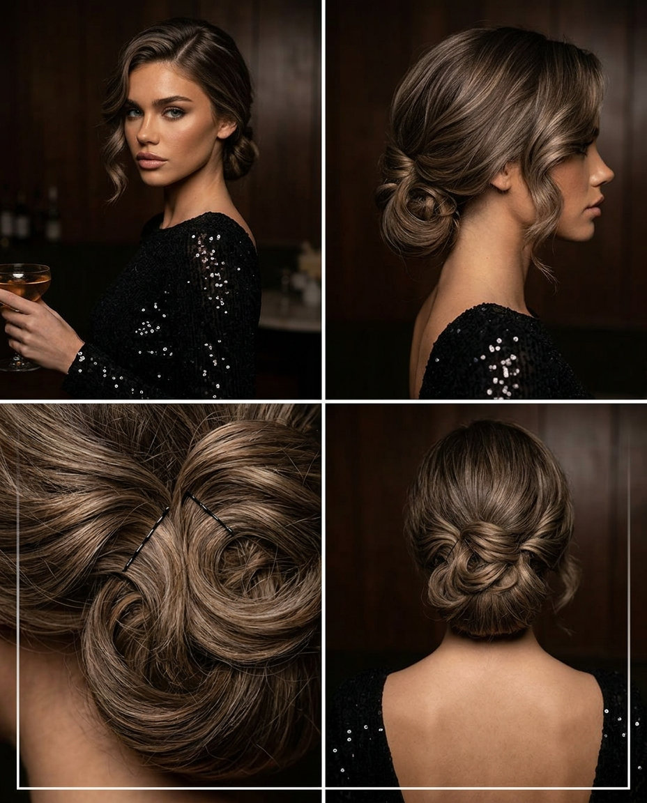 long updo with linen brown, cool ash undertones, swept waves — glamorous vintage sweep