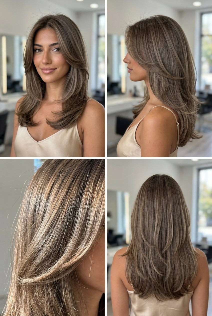 long layered haircut with cool linen brunette, ash beige lowlights, face-framing contour layers — sophisticated professional event