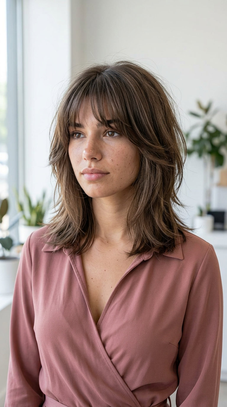 medium shag haircut with cool linen brunette, ash undertones, bottleneck bangs — effortless chic style