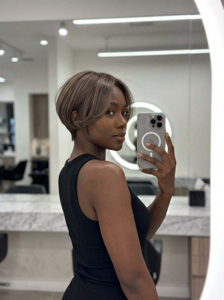 short bixie haircut with linen brunette, cool ash undertones, tapered nape — chic minimalist style