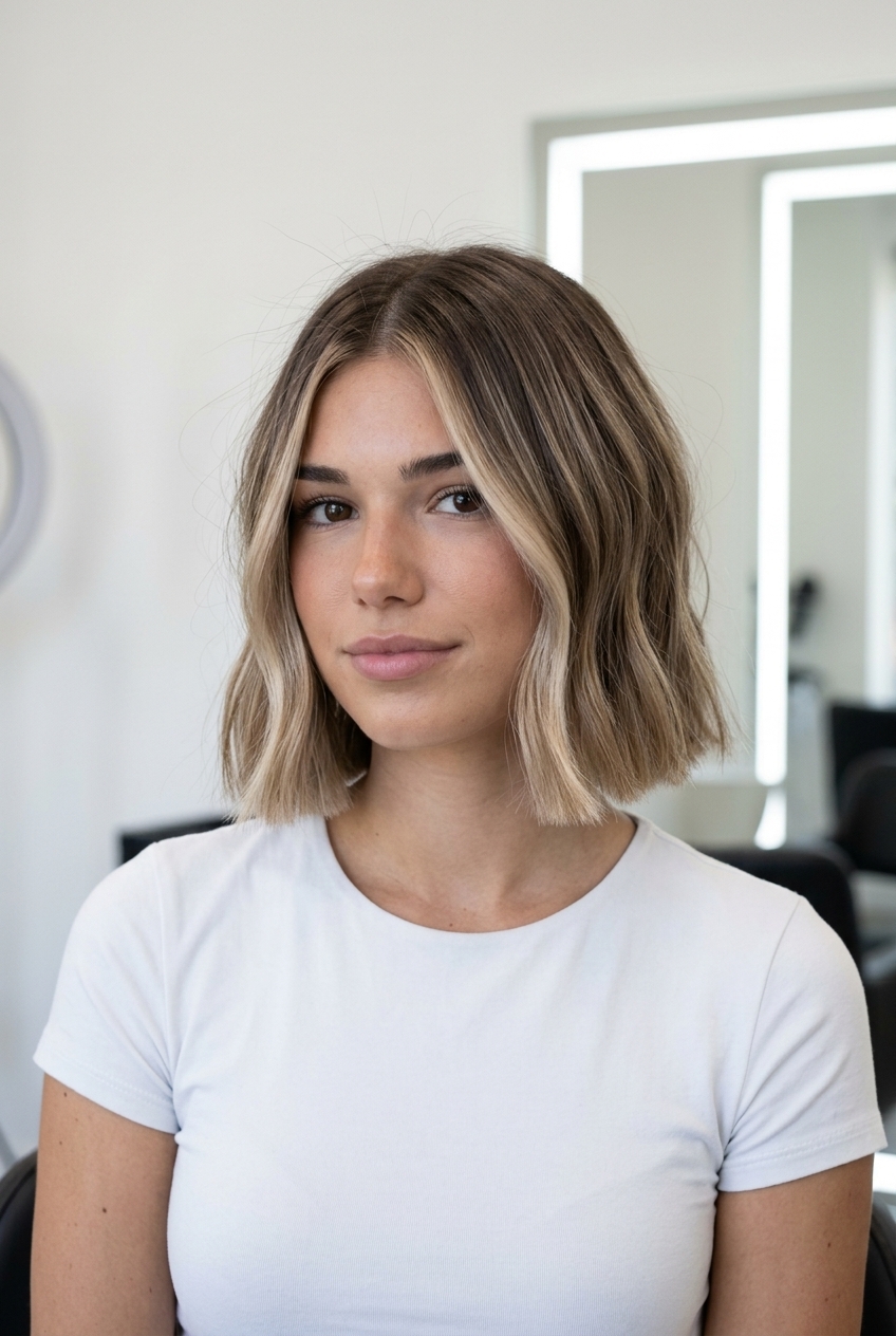 medium linen blonde bob with neutral beige, sun-bleached babylights, blunt cut, soft romantic waves for brunch