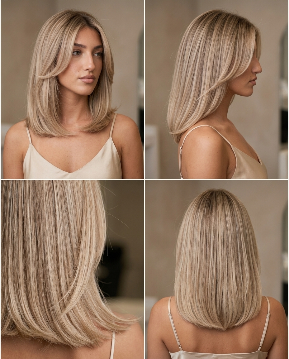 medium-length curve cut dimensional summer blonde hair color 2026 with linen blonde, air-touch balayage, no bangs — sophisticated