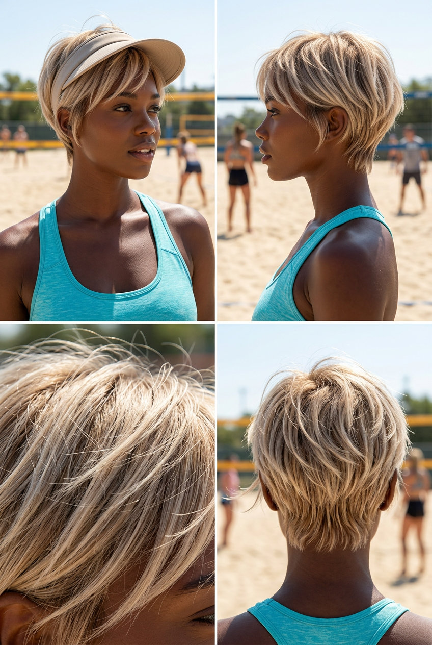 Textured Summer Crop Hairstyles 2026 short linen blonde crop with razored ends and piecey texture for beach day