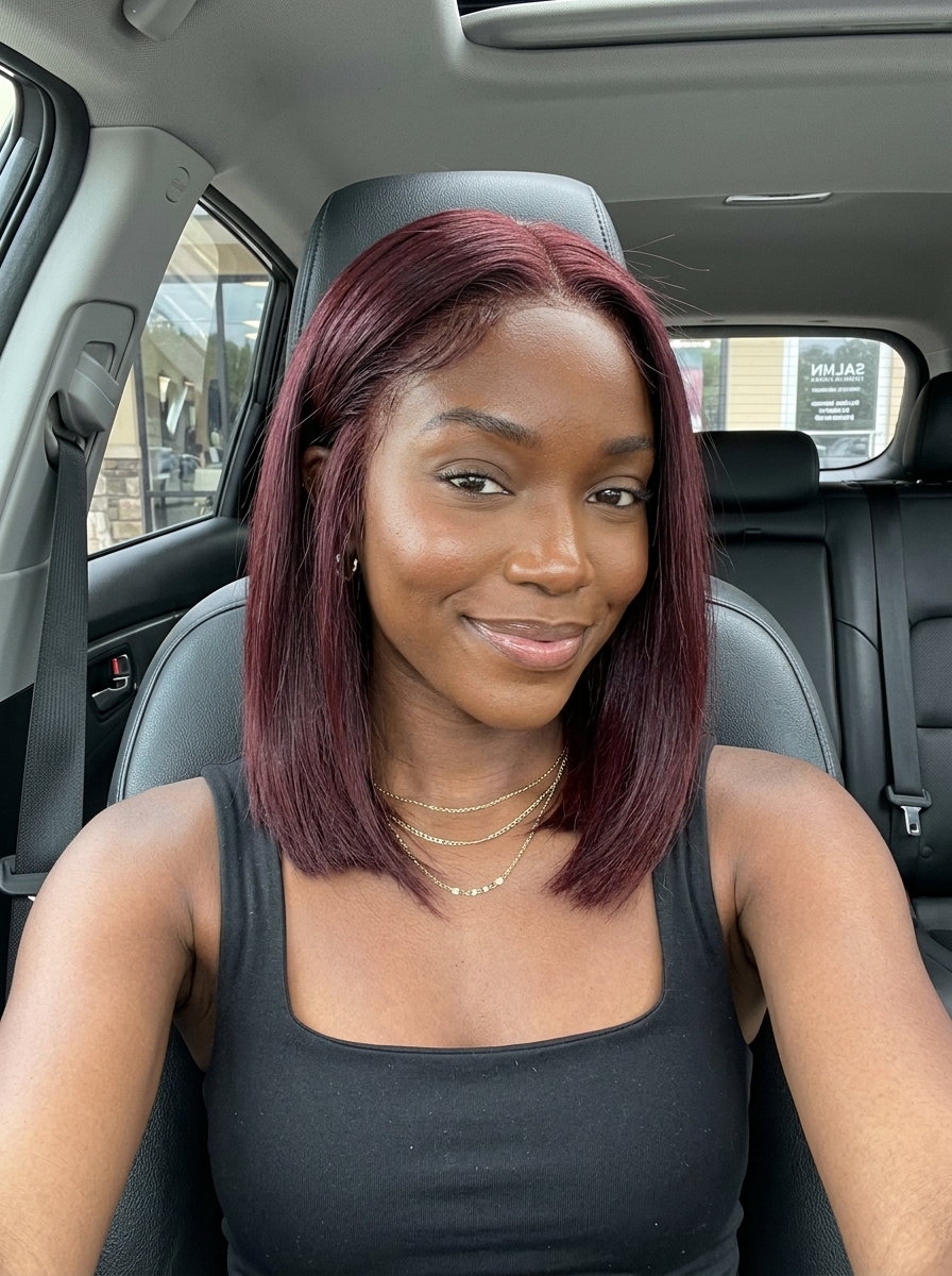 short mahogany auburn blunt lob with violet undertones, solid single process, blunt perimeter — sophisticated