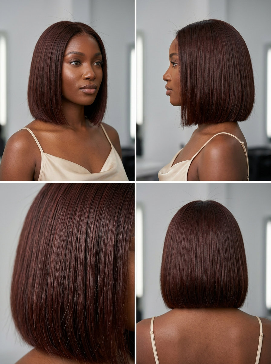chin-length mahogany blunt bob with warm red-brown undertones, single process color — polished and classic