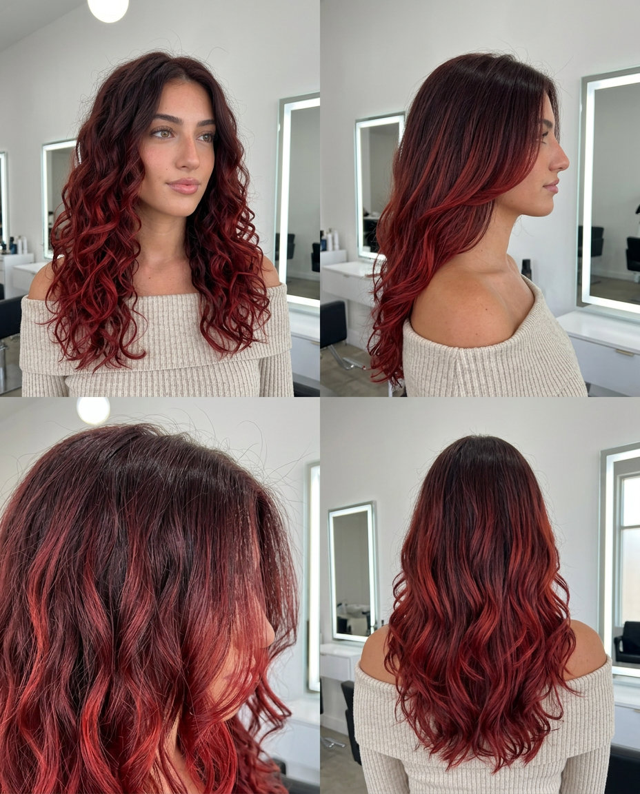 long curly mahogany to crimson red ombre with shaping layers for festival