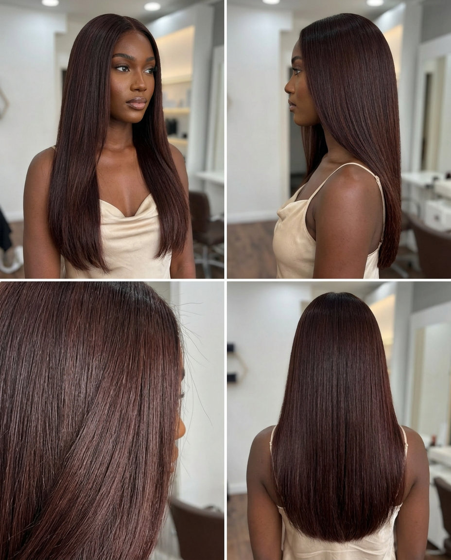 Mahogany Silk Press: Luxurious Brunette 2026 extra-long blunt cut mahogany brunette with cherry cola undertones, demi-permanent gloss, no fringe β sophisticated evening look
