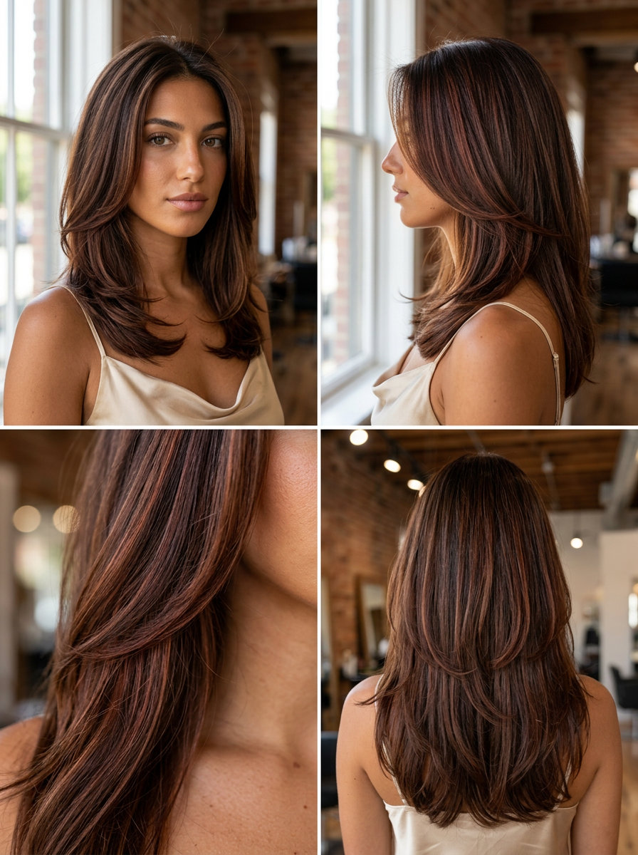 Mahogany Lowlight Highlights 2026 long mahogany lowlight highlights with warm chocolate and auburn tones, fine ribbons for luxurious depth