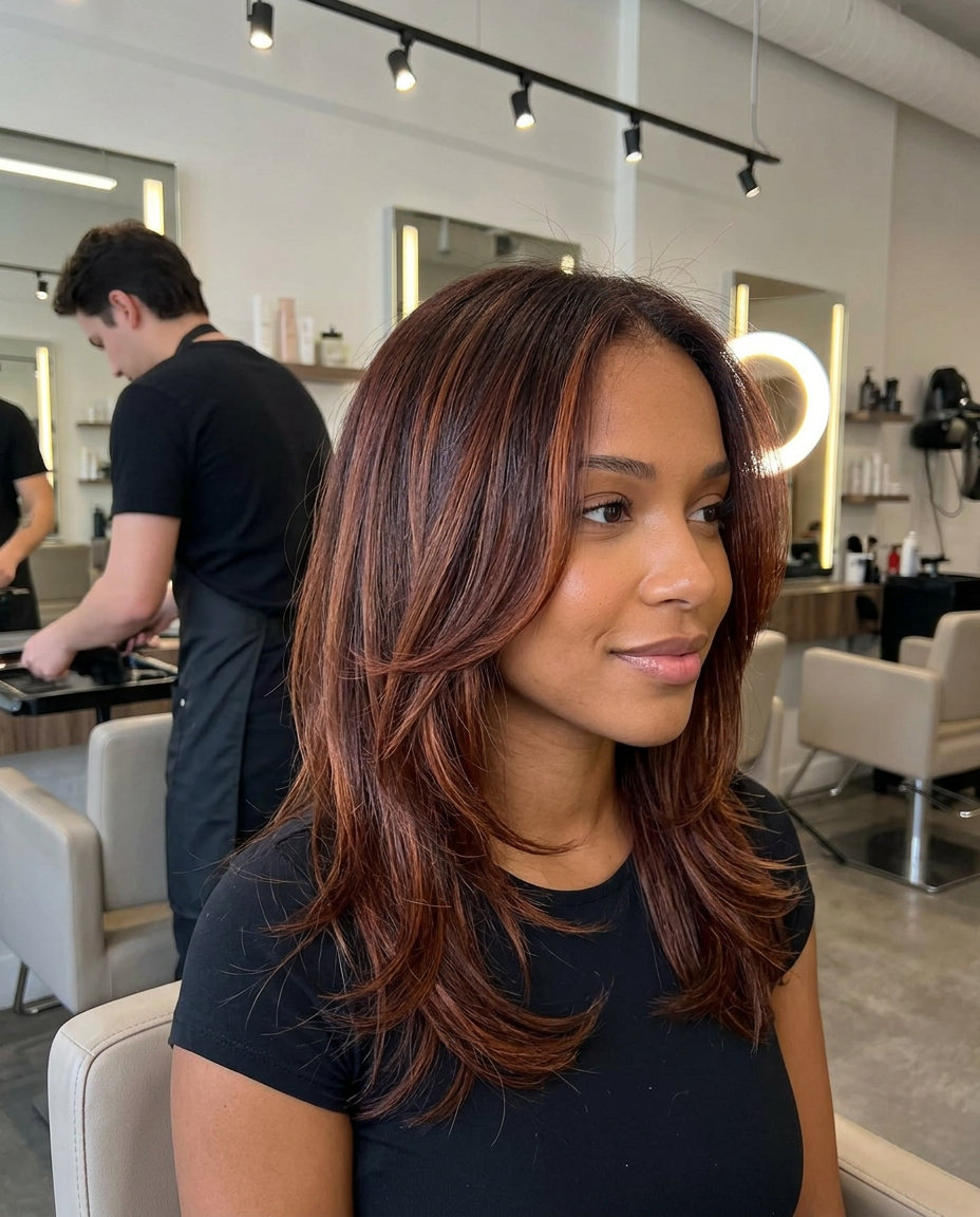 Mahogany Balayage Medium Hair 2026: Warm & Dimensional medium mahogany balayage with auburn swirls, soft layers, face-framing β romantic and dimensional