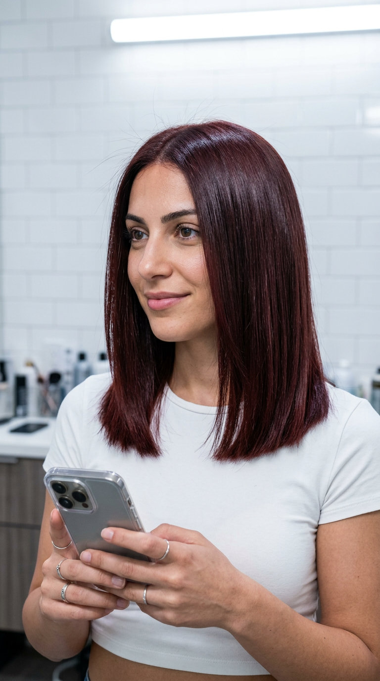 medium-length blunt cut with deep mahogany and red-violet undertones for professional