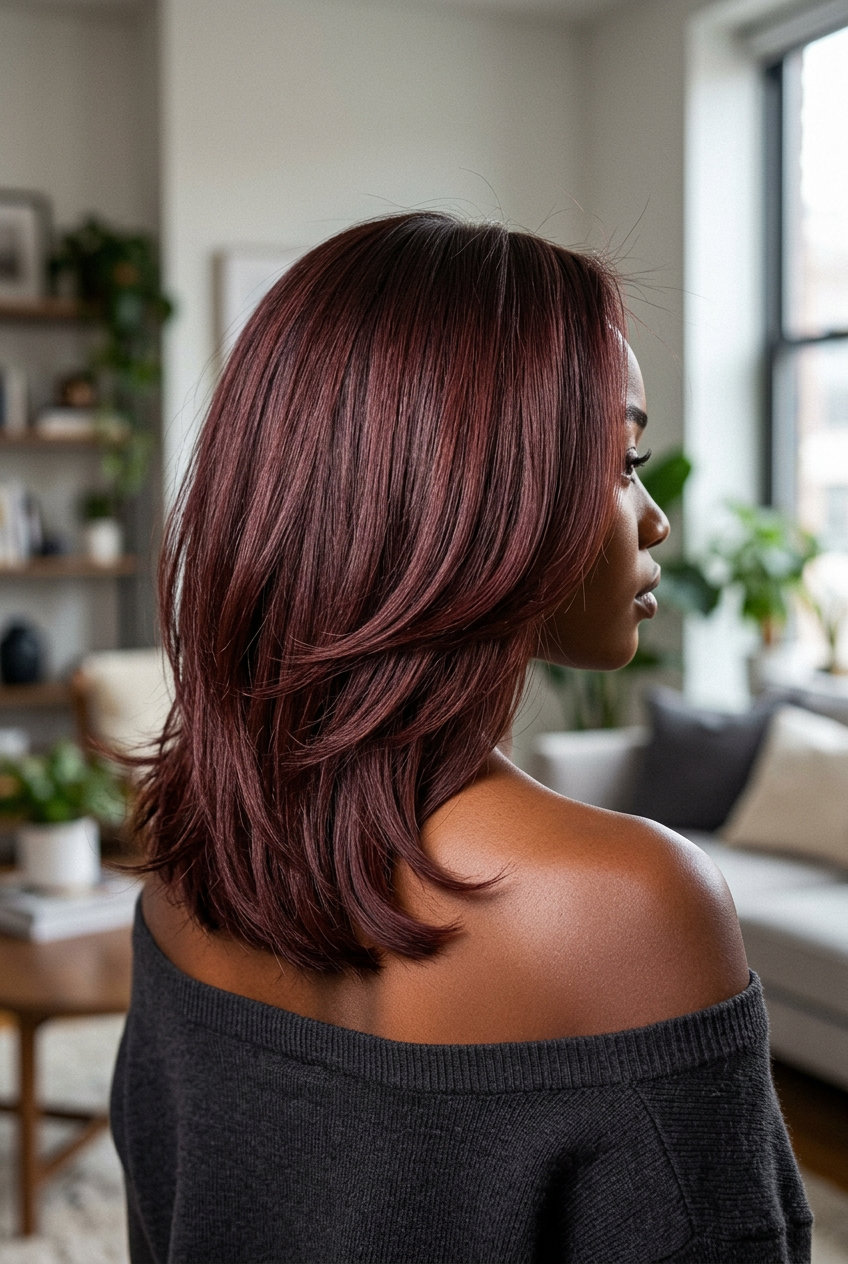Mahogany Layered Hair 2026: Sophisticated & Warm medium mahogany layered haircut with red-violet undertones, no bangs β sophisticated and warm