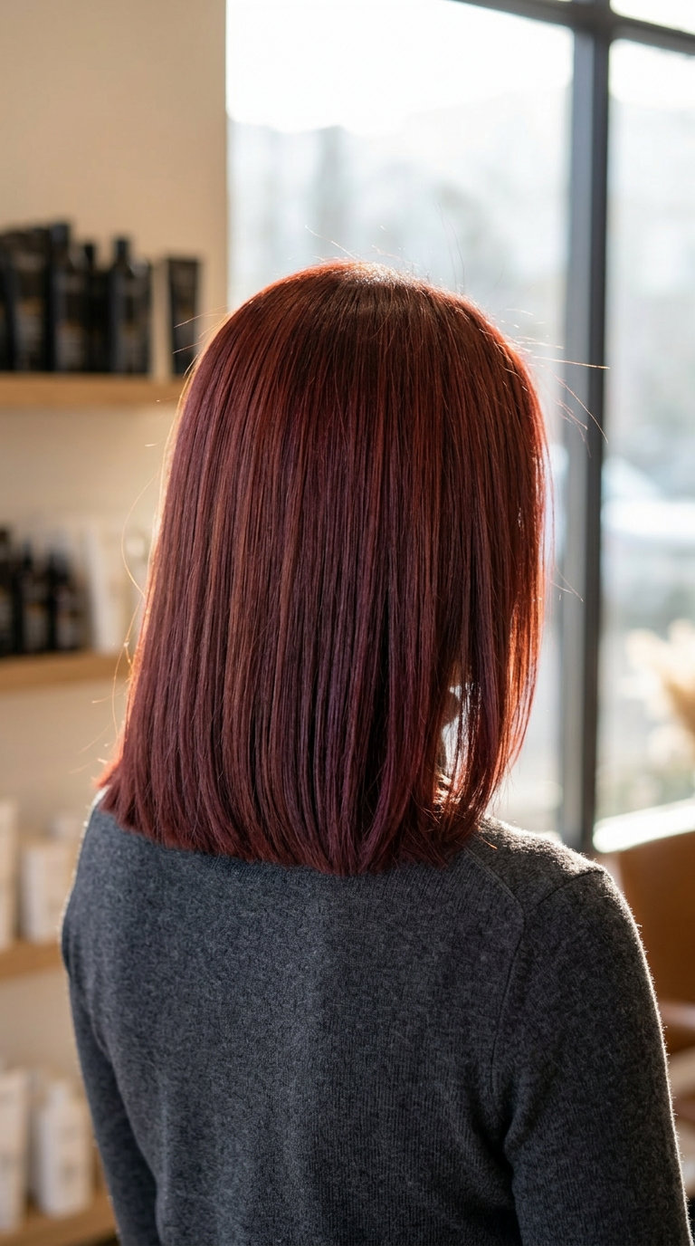 shoulder-length blunt lob in deep mahogany red with plum undertones for professional settings