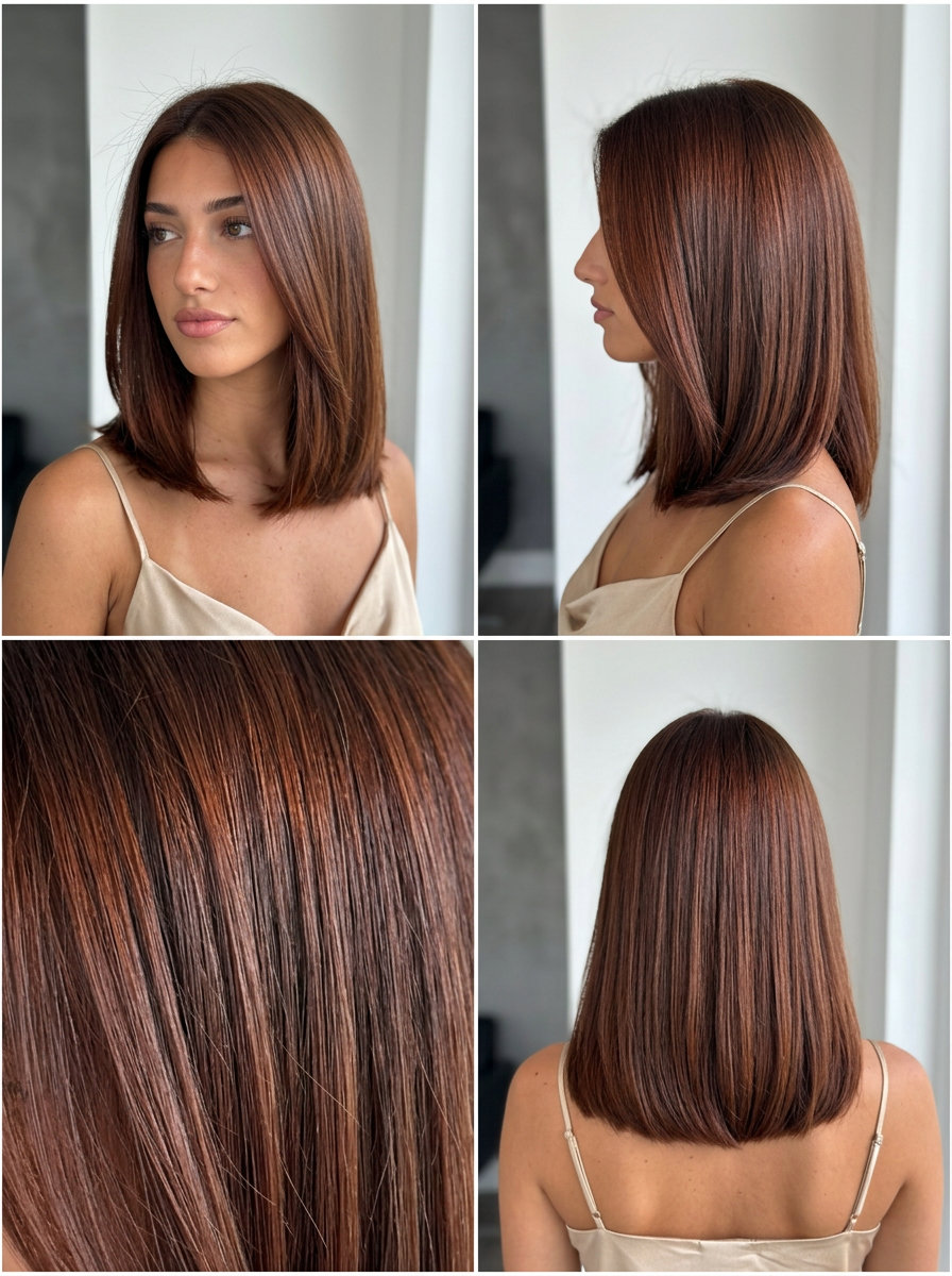 shoulder-length lob with mahogany glaze color, high-gloss finish, no fringe — sophisticated