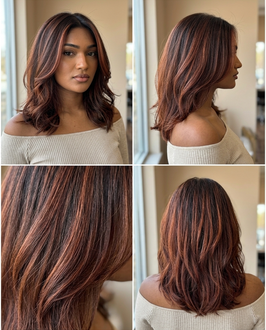 medium razored cut mahogany spice highlights on deep brunette for sophisticated look
