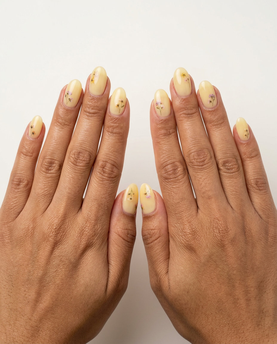 Butter Yellow Floral Nails 2026: Garden Party Manicure Milky butter yellow nails with delicate floral decals. Romantic manicure colors summer 2026 for weddings and garden parties.